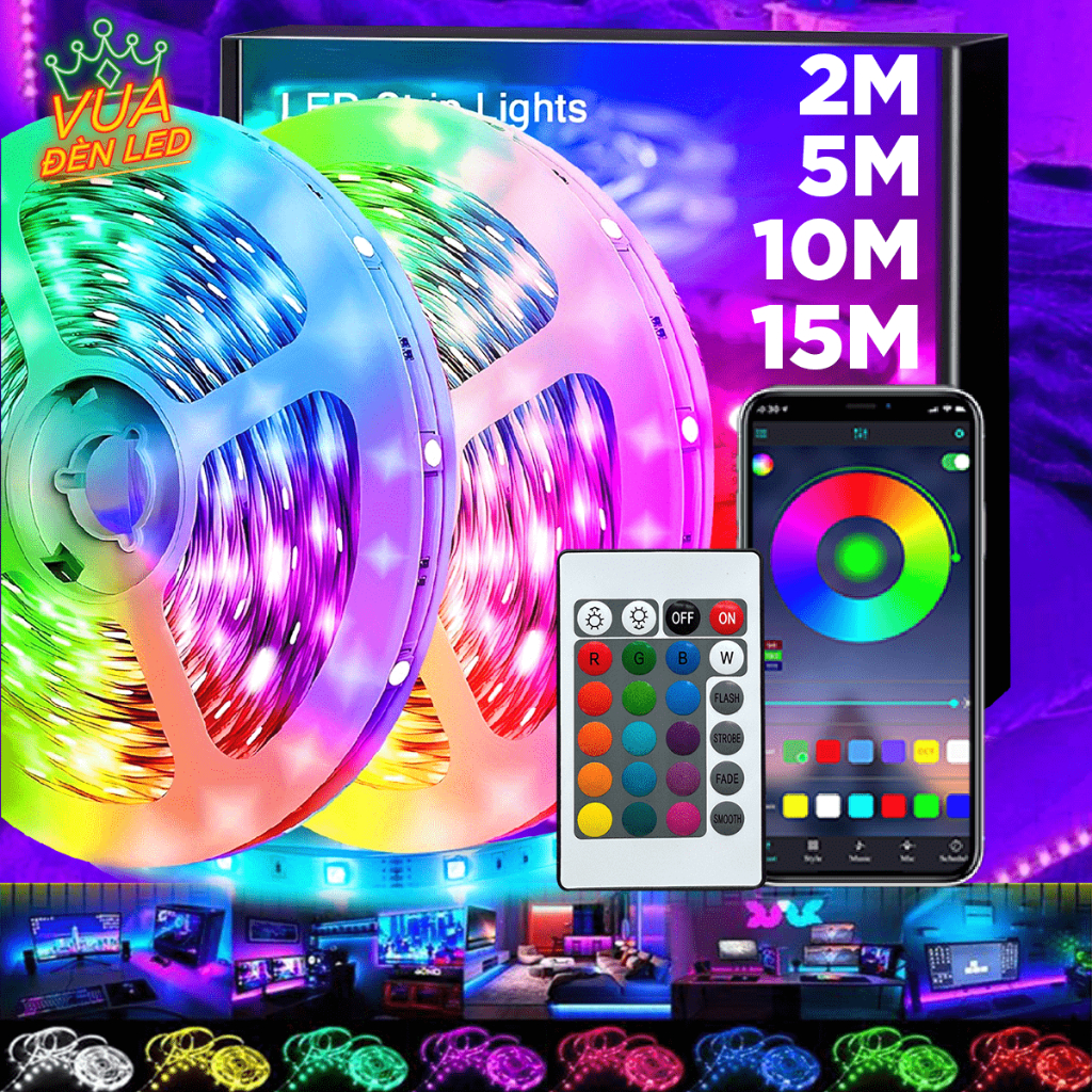 Dây Led RGB 2026, Đèn 16 Triệu Màu 10 mét 20 mét Trang Trí Decor Phòng, Điều Khiển Bằng Remote và APP điện thoại