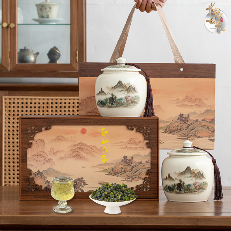  Bộ Trà Quà Biếu Tết Ô Long & Shan Tuyết HOÀNG ĐAN TEA  Hộp Gỗ Chè Thượng Hạng Tặng Sếp Người Thân Doanh Nghiệp 