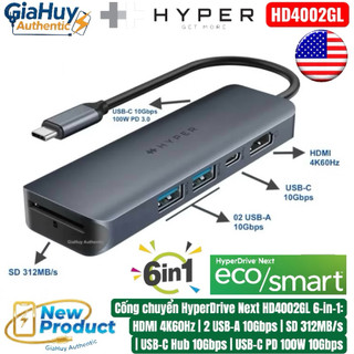 Cổng chuyển HyperDrive Next 6 Port HD4002GL với HDMI 4K60Hz, SD 312 MB/s, 2USB-A 10Gbps, USB-C Hub 10Gbps, USB-C PD 100W