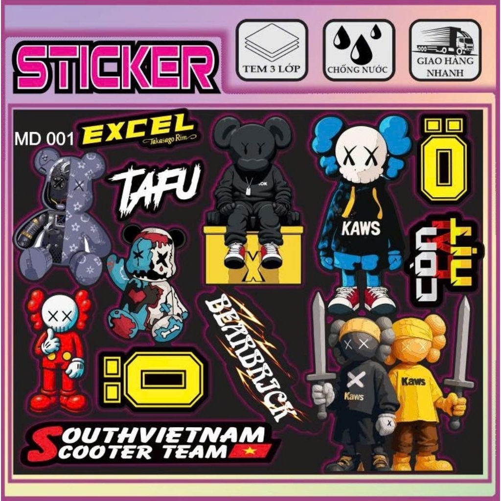 Sticker KAWS Gấu X Mắt MD001 – Decal Dán Xe Máy, Scooter, Laptop – Chống Nước, Tem 3 Lớp Cao Cấp (MD