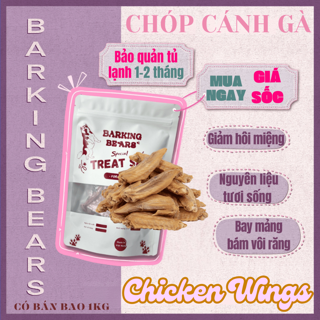 [Barking Bears] Chóp Cánh Gà Sấy Giòn Treat Thưởng Sạch Răng Bay Mảng Bám Cho Chó