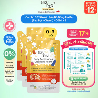   Tặng Khăn Ướt  Combo 3 Túi Nước Rửa Bình Sữa Và Đồ Dùng Em Bé BZU BZU Tạo Bọt Hương Chanh 400ml 
