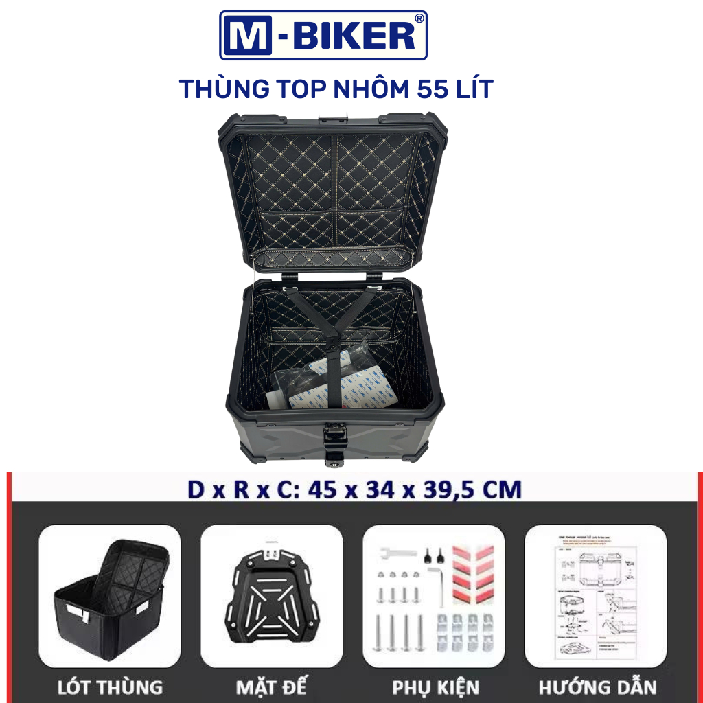 Thùng nhôm 55L Top gắn xe MBiker cao cấp chống nước
