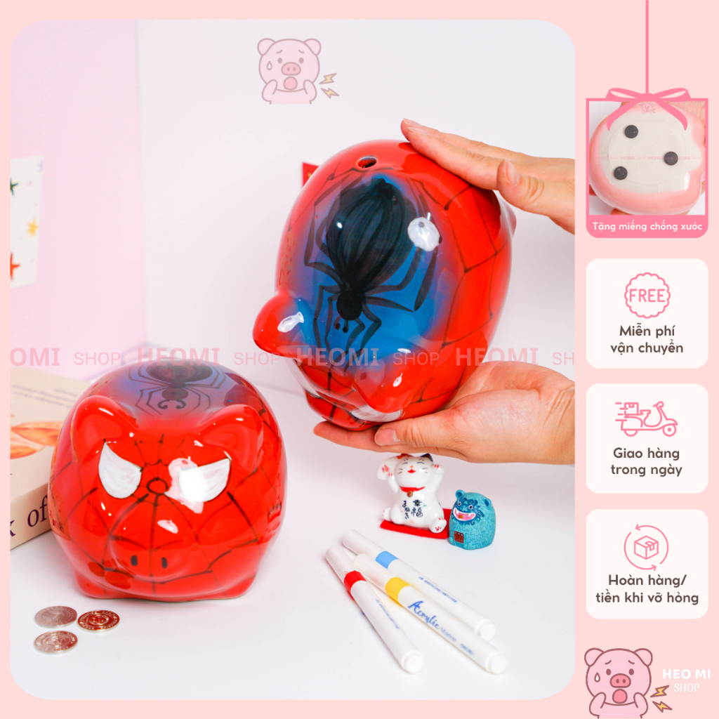 Heo đất hình NGƯỜI NHỆN - Spider man, Lợn đất Bát Tràng, Ống tiết kiệm gốm sứ | Heomishop