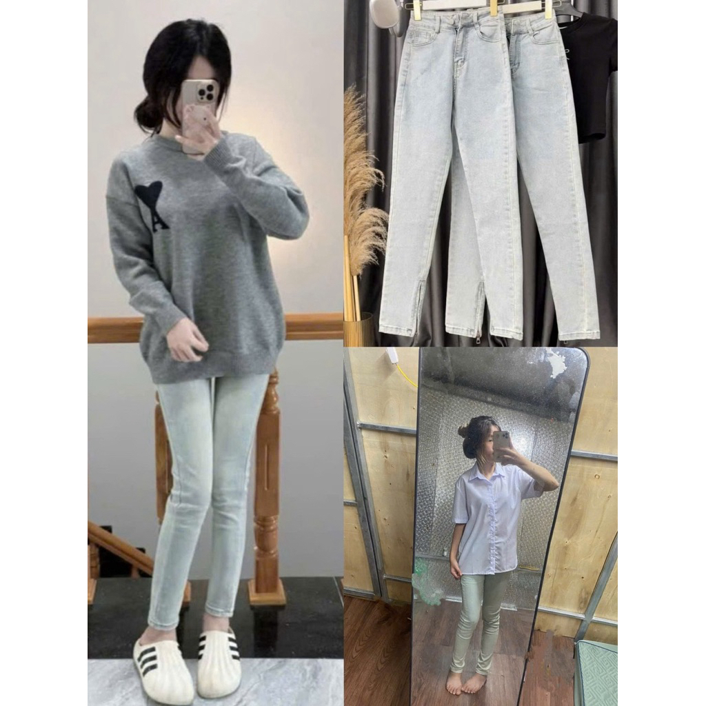 Quần Jeans Girl Phố Ống Bó Màu Xanh Bạc Pants