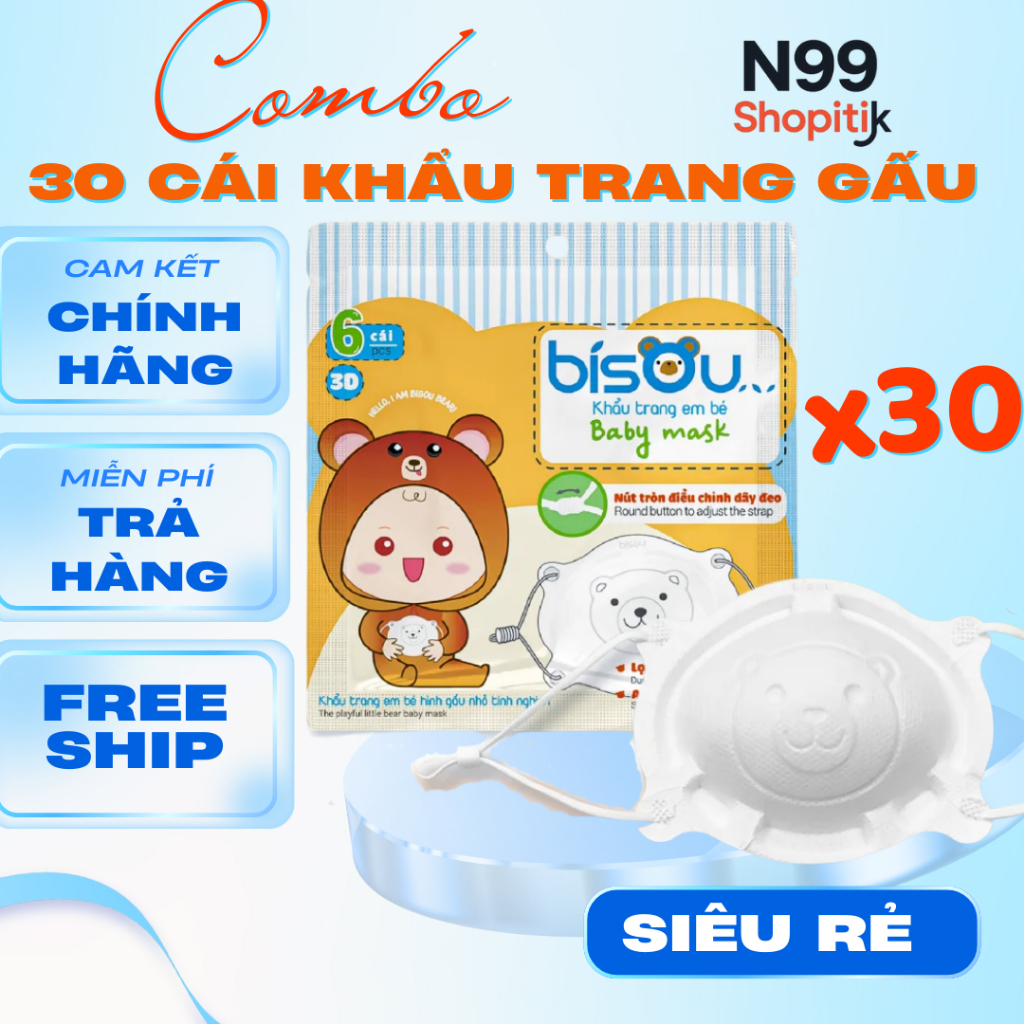 Combo 30 Cái Khẩu Trang Gấu Bisou Cho Bé Họa Tiết Chính Hãng ISO 9001:2015 & ISO 13485:2016