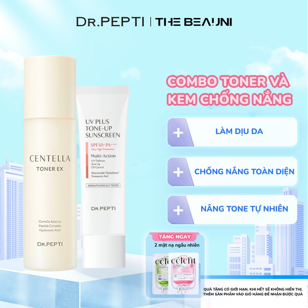 Combo Nước Hoa Hồng và Kem Chống Nắng UV Plus Tone-up Sunscreen Dr Pepti 50ml