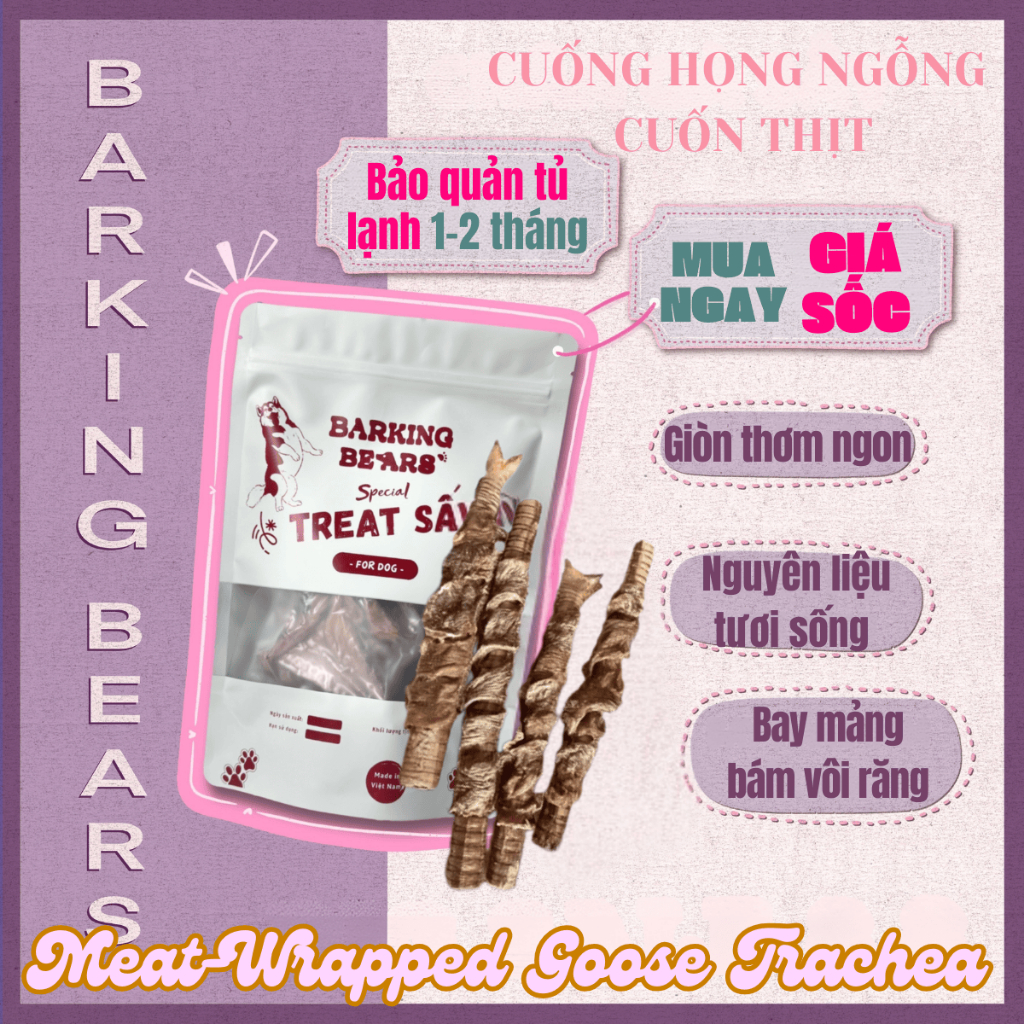Cuống Họng Ngỗng Size Mini Cuốn Thịt Barking Bears Giảm Hôi Miệng Bánh Thưởng Cho Chó Mèo Chắc Răng 