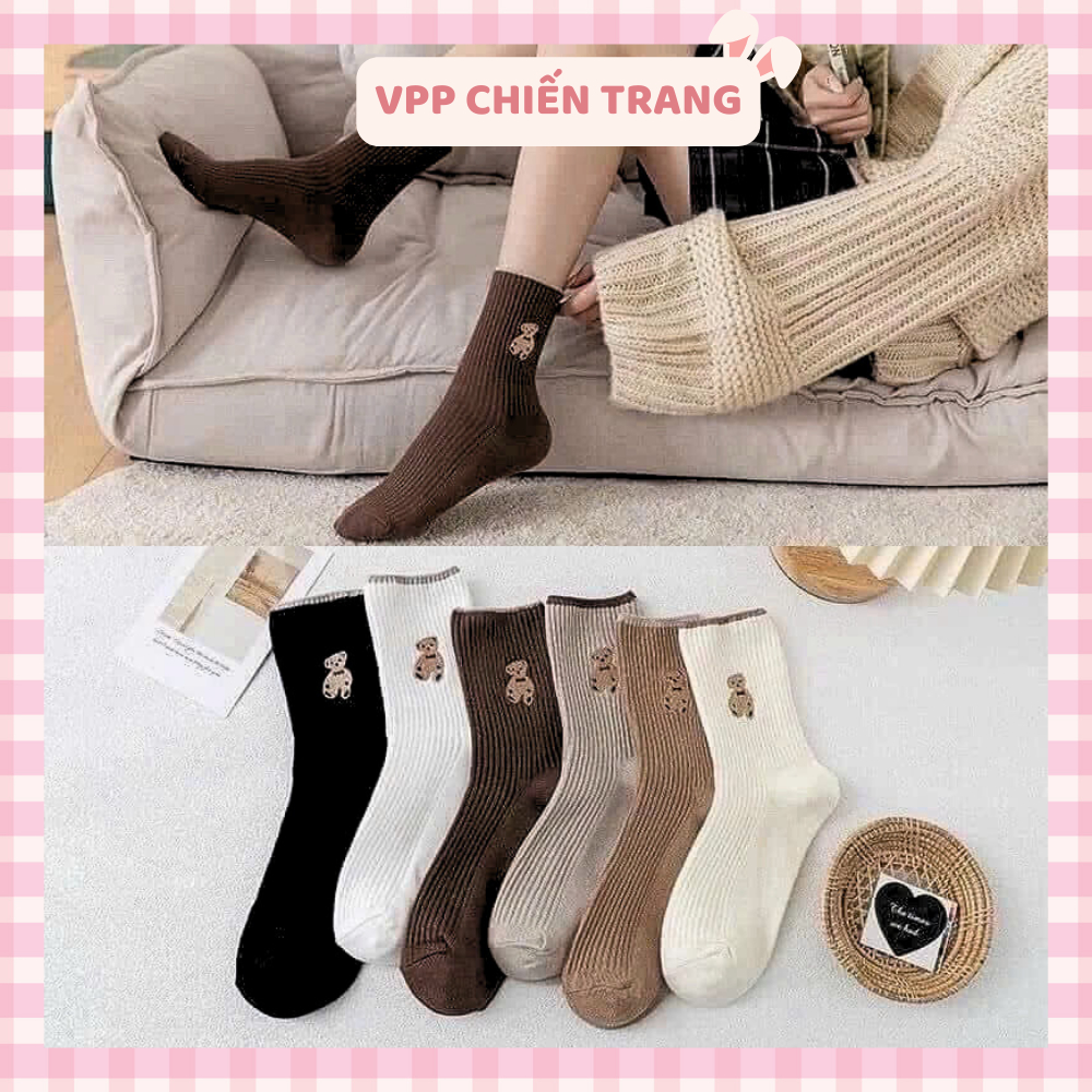 Set 10 Đôi Tất Gấu Nâu Cao Cổ Phong Cách Hàn Quốc Siêu Hot Chất Liệu Cotton Thoáng Khí