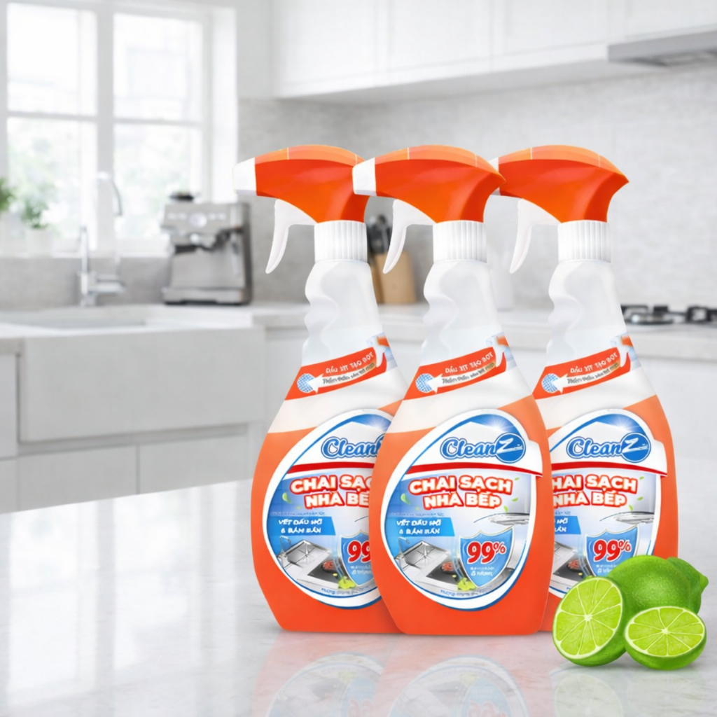 Chai tẩy sạch nhà bếp Cleanz hương chanh mát dung tích 450ml, chai xịt sạch cặn dầu mỡ bám xoog nồi 