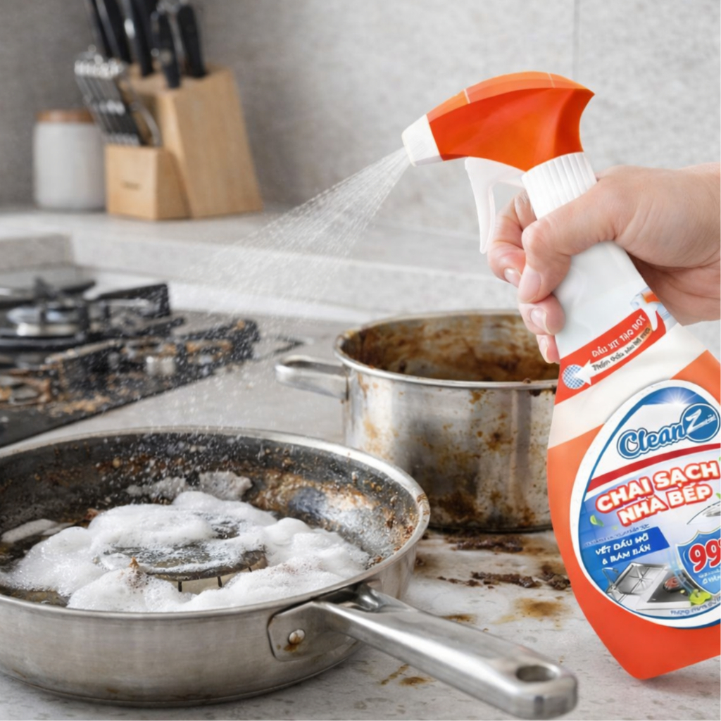Chai sạch nhà bếp Cleanz dung tích 450 ml mùi hương chanh, chai xịt tẩy dầu mỡ nồi xoog chảo inox lâ