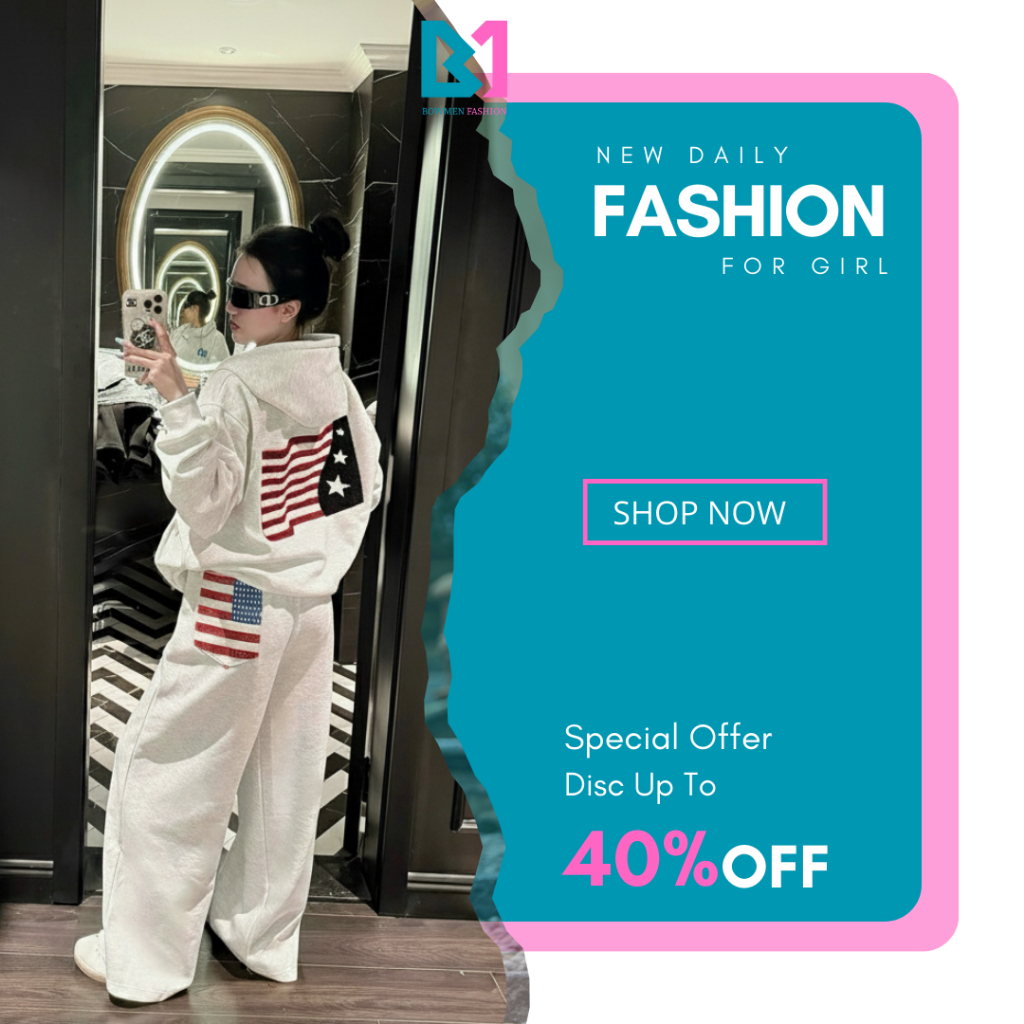 Set Bộ Khoác Nỉ Cờ Mỹ Zang Zang Áo Hoodie Quần Ống Suông Phong Cách Năng Động Thể Thao