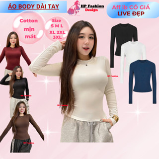  Áo thun dài tay cổ tròn nữ ôm bó body chiết eo  basic áo phông vải cotton mịn cao cấp co giãn có bigsize HP82 