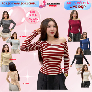   Sọc ở cuối  Áo thun lệch trễ hở vai body dài tay áo kiểu nữ màu đen trắng đỏ co giãn mùa hè noel tết tôn dáng  HP5 