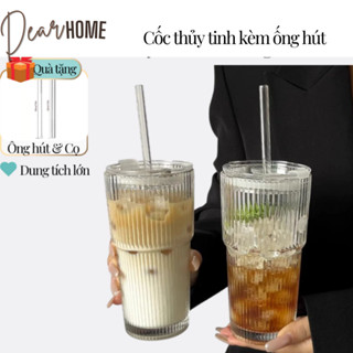  Cốc thủy tinh có nắp trong suốt chịu nhiệt tốt kèm ống hút dung tích lớn 