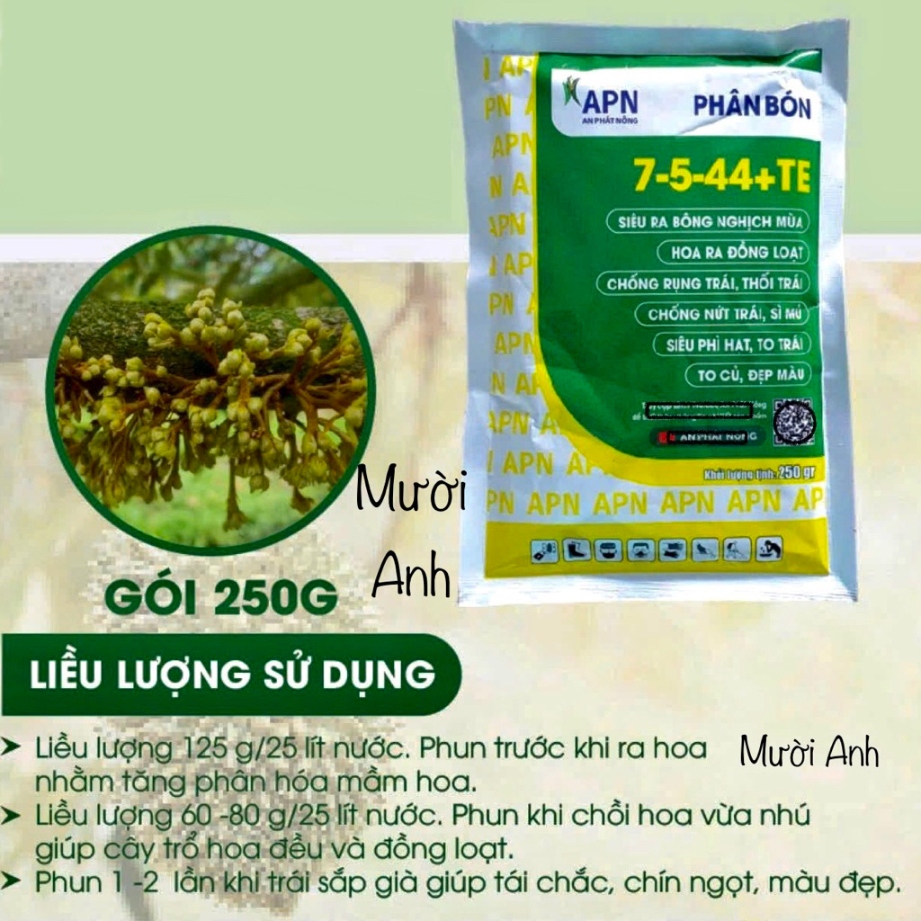 Phân Bón NPK 7-5-44 + TE 250Gr APN giúp ra hoa đồng loạt, to trái to củ, ngăn rụng hoa