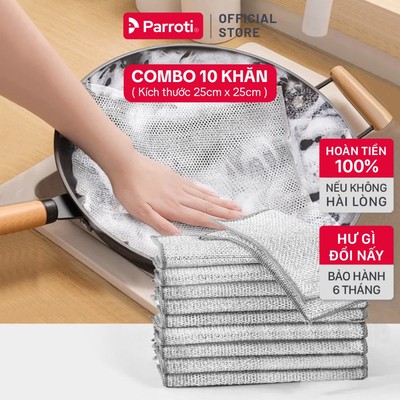 Combo 10 Khăn Lưới 25x25cm Rửa Chén Bát, Miếng Cọ Rửa Đa Năng, Xong Nồi 2 Trong 1 Parroti Caro  CA25