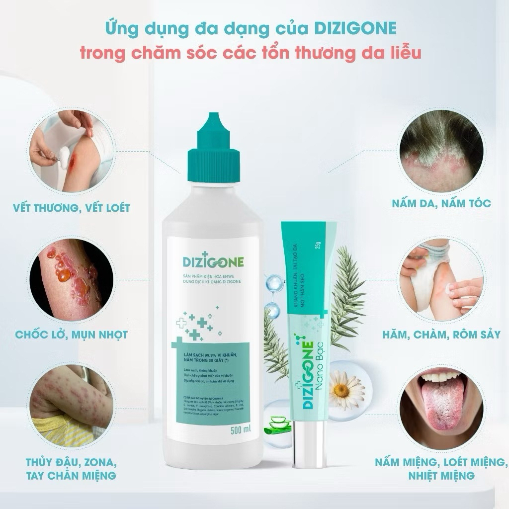 [COMBO] Dung dịch kháng khuẩn DIZIGONE 300ml & Kem DIZIGONE Nano Bạc 25g: Kháng khẩn, phục hồi da, m