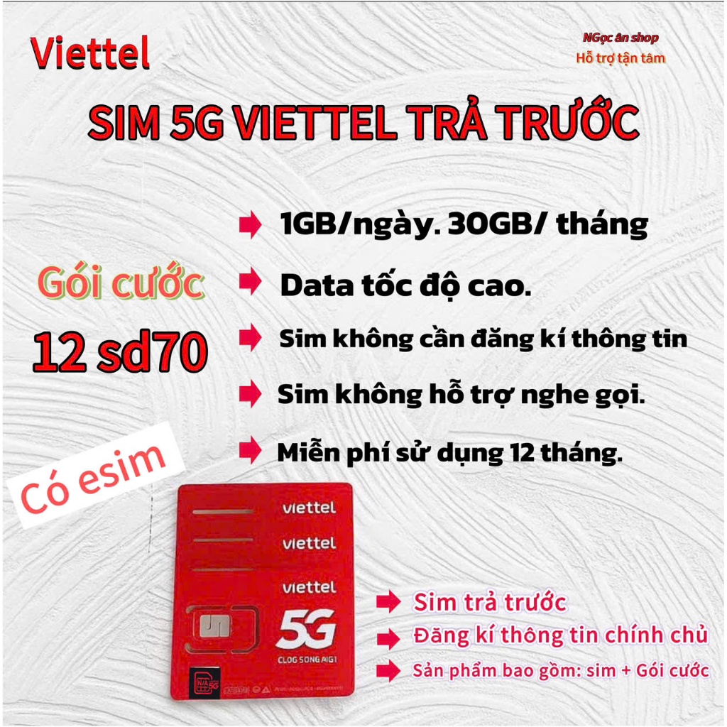 [ FREE 12 THÁNG ] SIM 5G VIETTEL 12SD70. [ 1GB/NGÀY.  30GB/THÁNG ]. [DATA TỐC ĐỘ CAO]