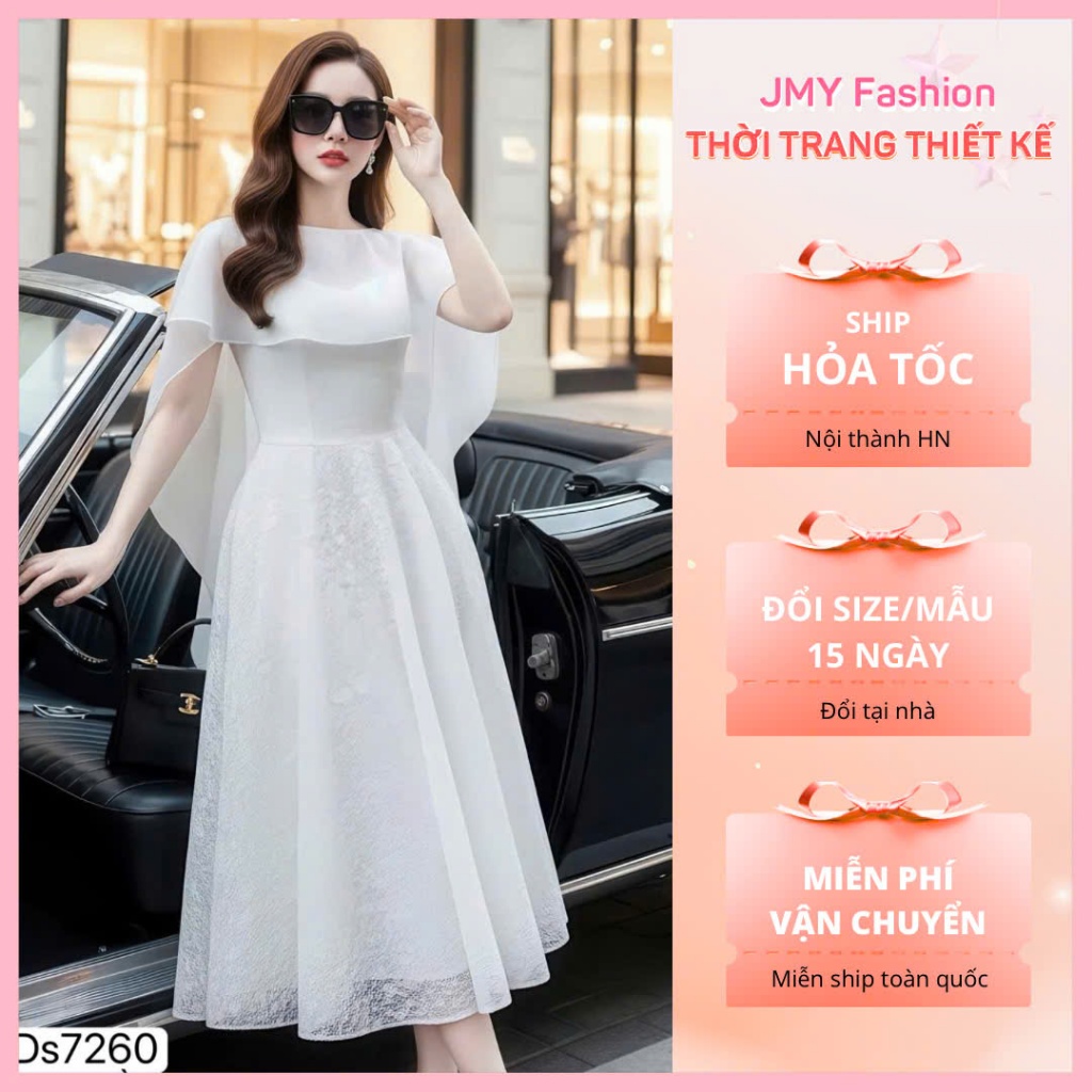 (HOẢ TỐC) DS7260 Váy xoè ren trắng kèm choàng vai