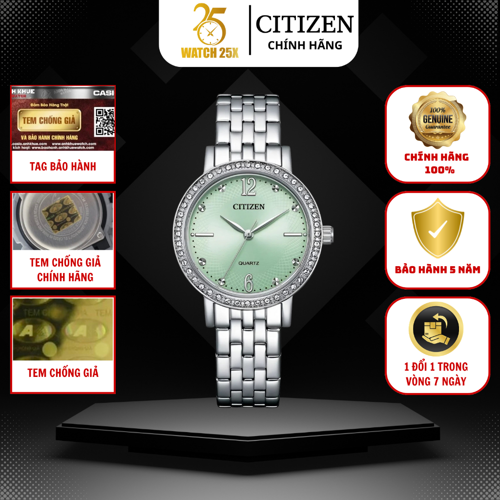 Đồng Hồ Citizen Nữ EL3100-55X Watch25x - Dây Kim Loại Bạc Cao Cấp Kính Khoáng Chống Va Đập