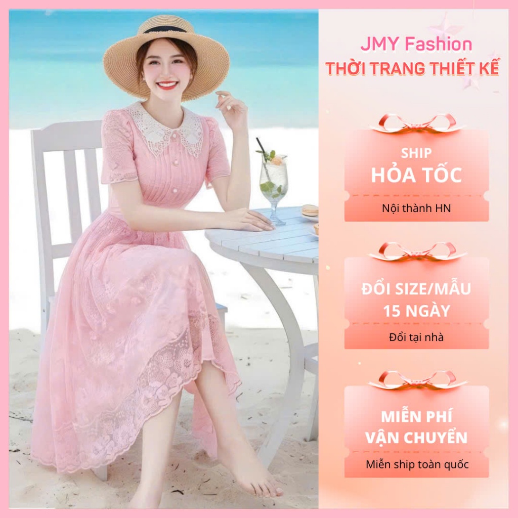 DS6791 Váy ren hồng xòe dáng dài phối cổ trắng hoa thêu nữ tính [Dolce Viva Colection (DVC/ACC)]