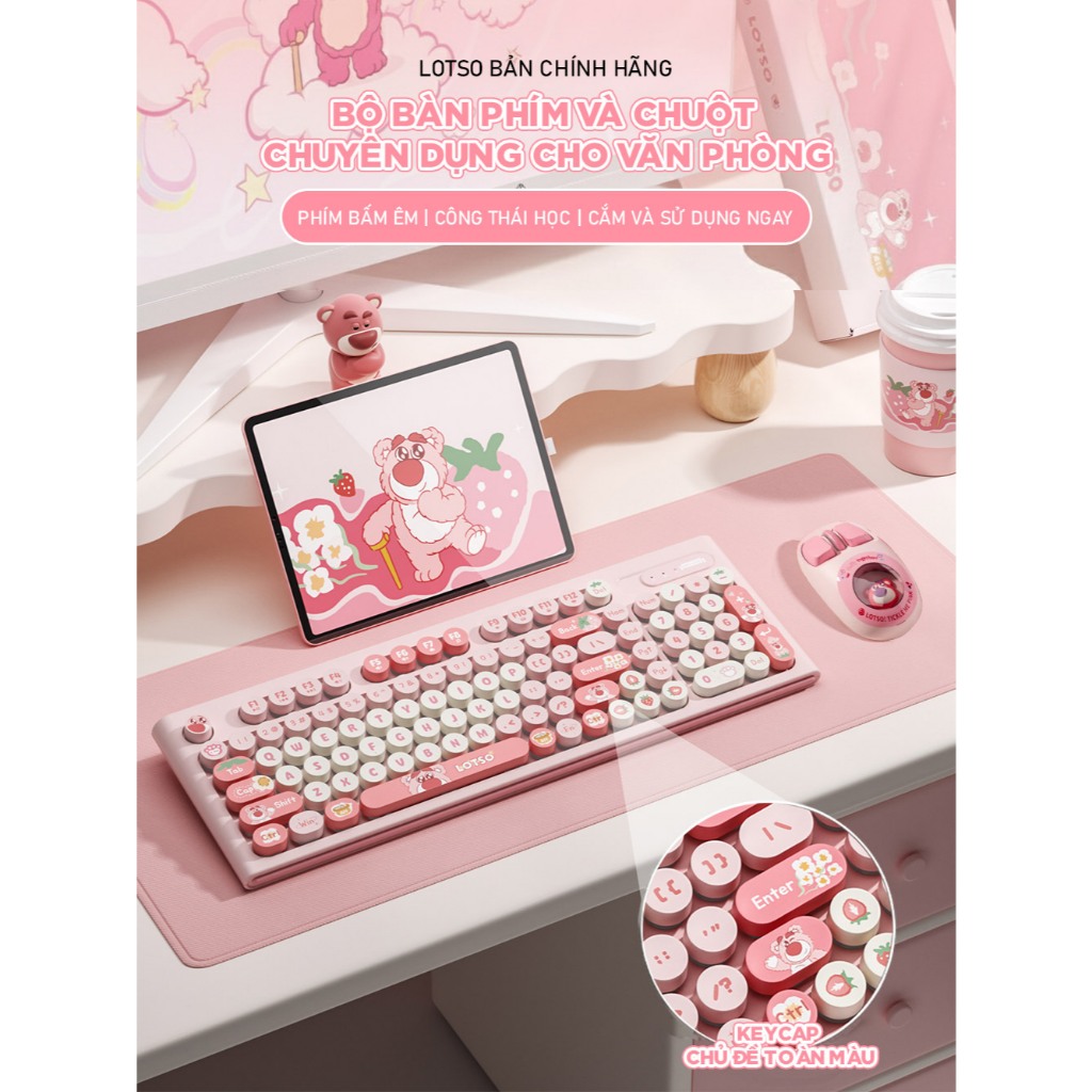 Bàn phím cơ giả không dây Y98 Strawberry Bear Lotso. Bàn phím dễ thương và hoạt động êm ái Kết nối máy tính,laptp | BigBuy360 - bigbuy360.vn