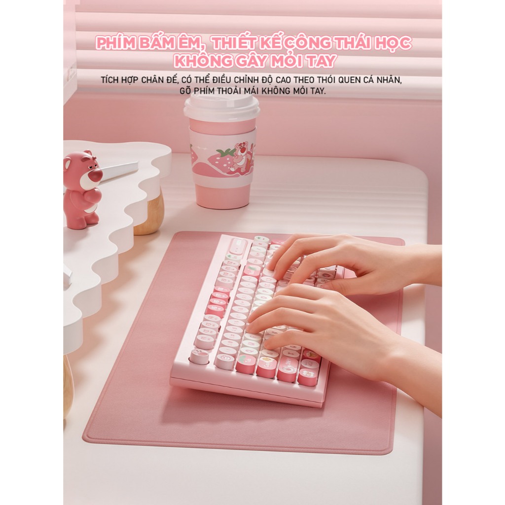 Bàn phím cơ giả không dây Y98 Strawberry Bear Lotso. Bàn phím dễ thương và hoạt động êm ái Kết nối máy tính,laptp | BigBuy360 - bigbuy360.vn