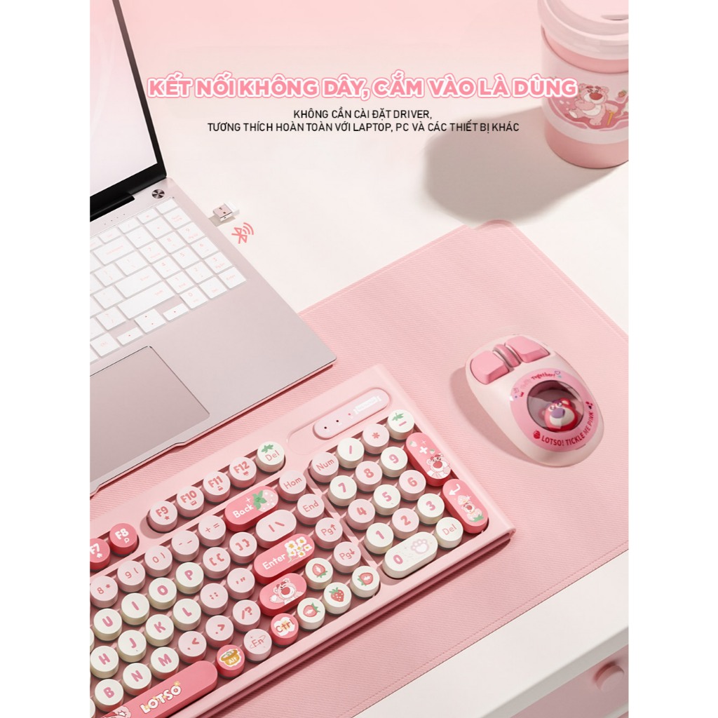 Bàn phím cơ giả không dây Y98 Strawberry Bear Lotso. Bàn phím dễ thương và hoạt động êm ái Kết nối máy tính,laptp | BigBuy360 - bigbuy360.vn