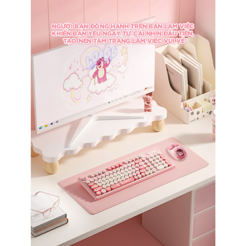 Bàn phím cơ giả không dây Y98 Strawberry Bear Lotso. Bàn phím dễ thương và hoạt động êm ái Kết nối máy tính,laptp | BigBuy360 - bigbuy360.vn