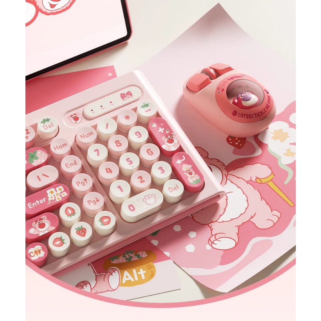 Bàn phím cơ giả không dây Y98 Strawberry Bear Lotso. Bàn phím dễ thương và hoạt động êm ái Kết nối máy tính,laptp | BigBuy360 - bigbuy360.vn