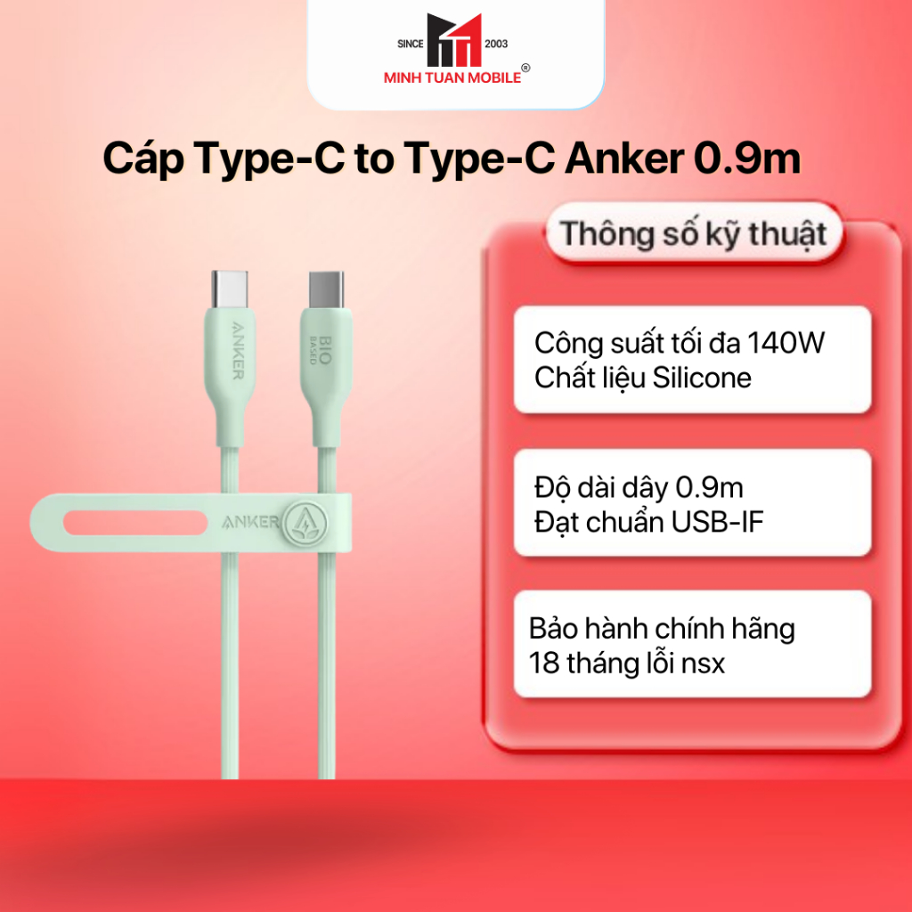 Cáp Type-C to Type-C Anker 544 TPE Bio-Based A80F1 0.9M- Công Suất 140W, Laptop Điện Thoại