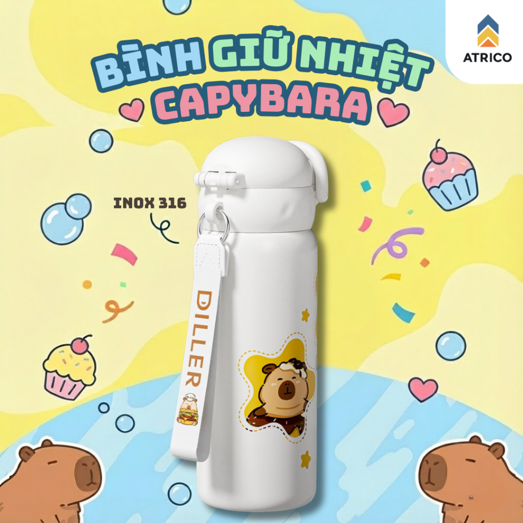 Bình Giữ Nhiệt Diller Capybara 600ml – Inox 316 Cao Cấp, Giữ Nhiệt Lâu, Họa Tiết Dễ Thương