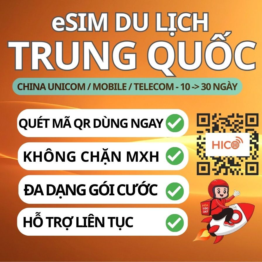 [Gửi Mã Hỏa Tốc] eSIM Du Lịch Trung Quốc dài ngày 3 Mạng Unicom, Telecom, Mobile, eSIM Hico Kích Onl