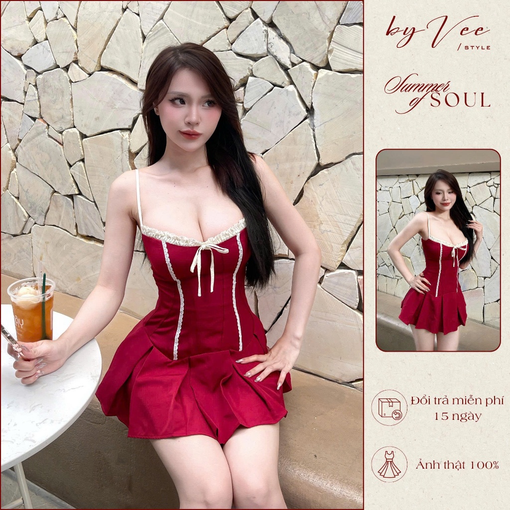 Đầm đỏ 2 dây viền ren trắng Charming Dress - Byvee, Đầm váy dáng ngắn chụp ảnh siêu xinh, đi chơi - Charming Dress | BigBuy360 - bigbuy360.vn