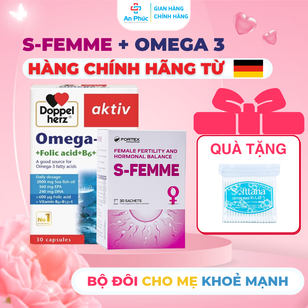 [BỘ ĐÔI MẸ KHOẺ MẠNH] S‑Femme + Omega 3 - Giảm Khó Chịu Tiền Mãn Kinh, Hỗ Trợ Tinh Thần Thoải Mái