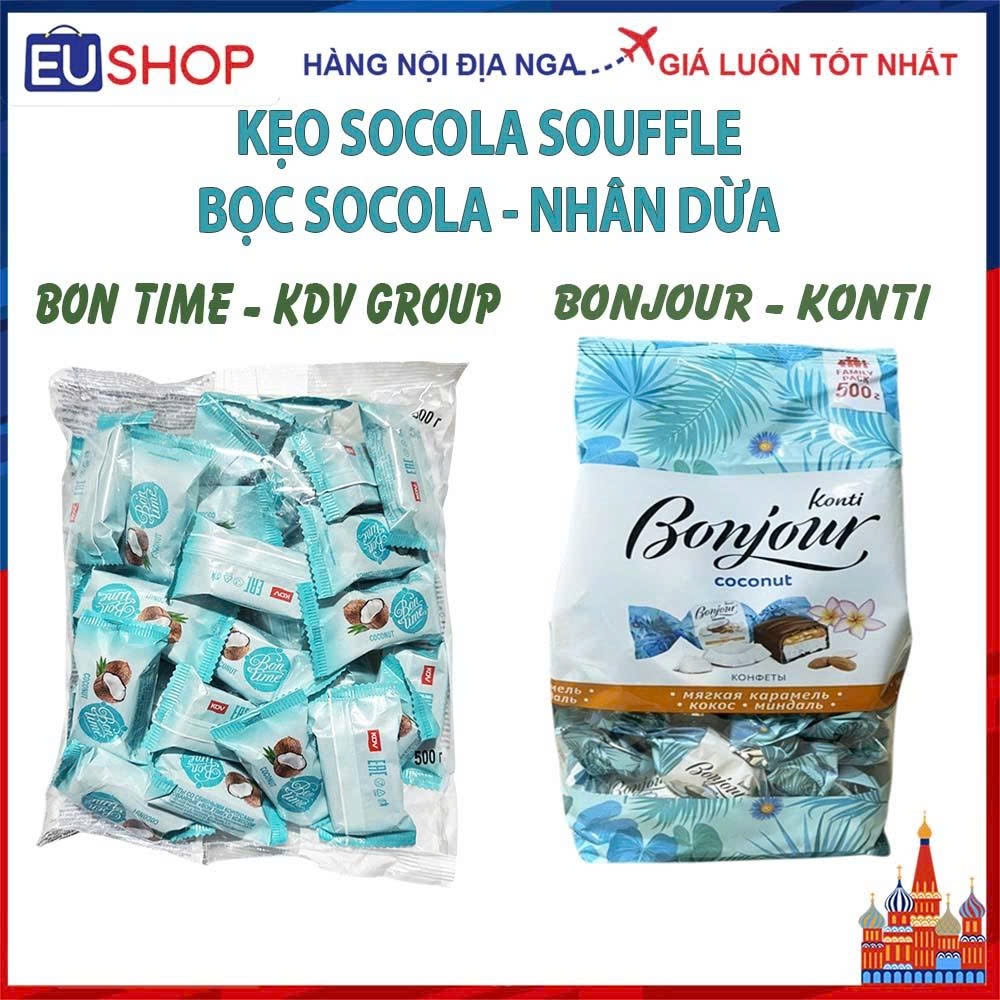Kẹo Socola Nhân Dừa Souffle Bonjour Konti và Bon Time KDV Group, Túi 500Gr