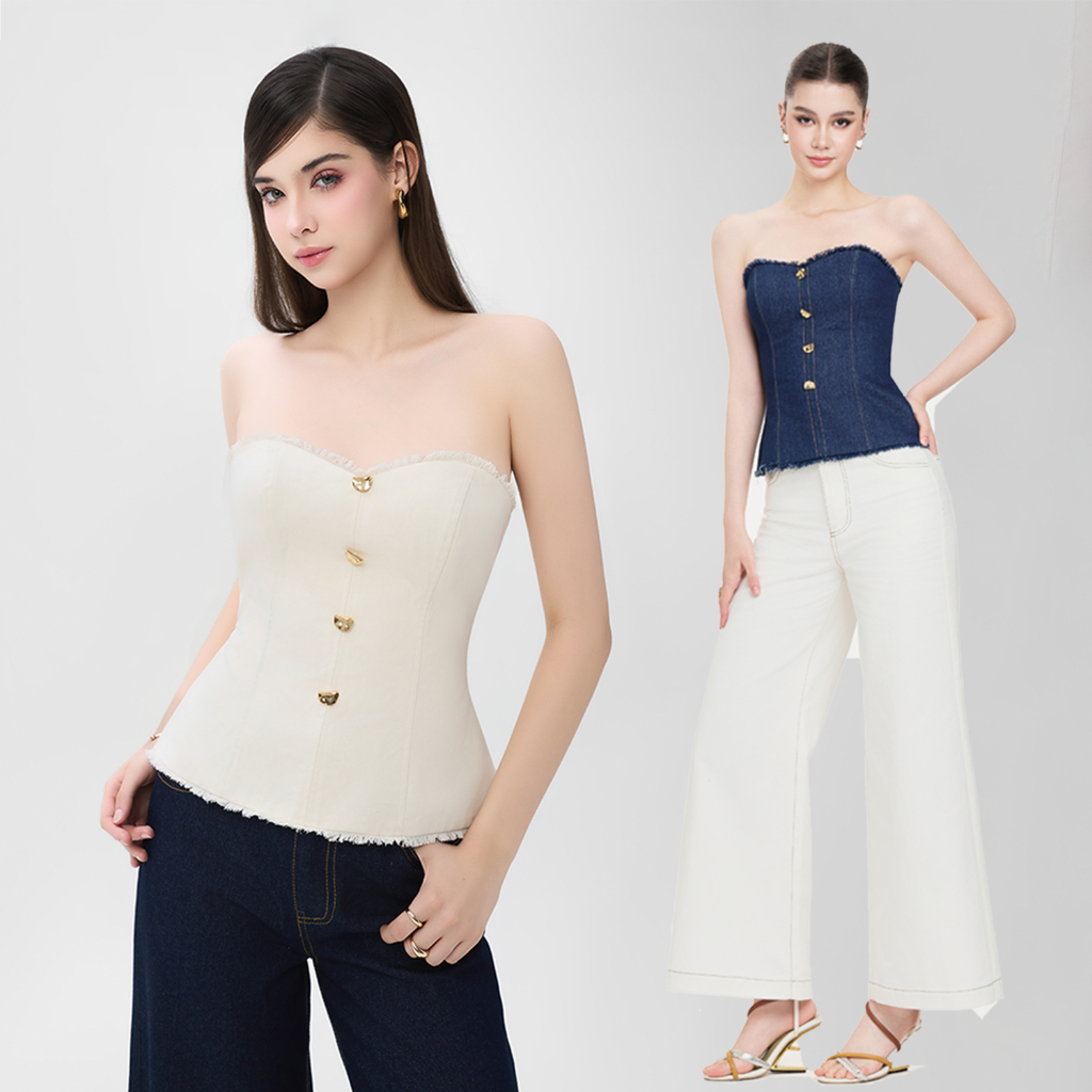 RECHIC Áo kiểu Diras dáng cụp ngực phối nút chiết eo sang trọng cá tính