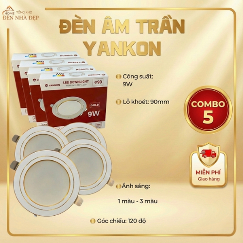 [COMBO 5] Đèn Led Âm Trần YANKON 9W Chính Hãng - Đế Nhôm Đúc Tản Nhiệt, Bảo Hành 2 Năm (Lỗ 90)