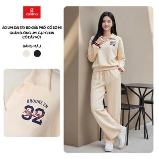  Đồ bộ nữ CARDINA tách sét vải umi áo phối cổ sơ mi bo gấu dài tay và quần suông cạp chun 5ANF36 5QDT36 