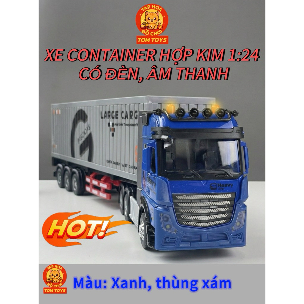 Xe Container Đồ Chơi Hợp Kim Tỷ Lệ 1:24 - Mô Hình Xe Đầu Kéo Có Đèn, Nhạc, Thùng Chứa Đóng Mở Được