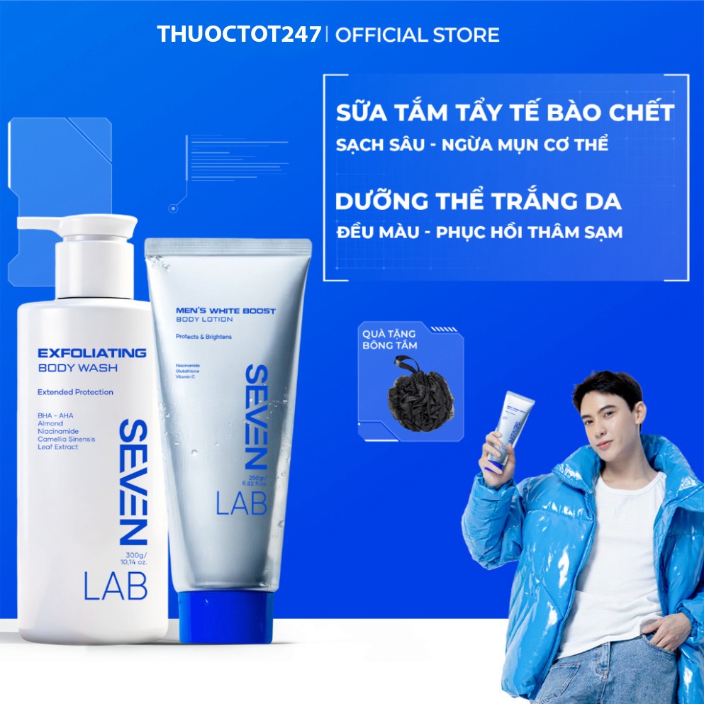Combo sữa tắm tẩy tế bào chết và sữa dưỡng thể trắng da nam SEVENLAB giúp ngăn ngừa mụn lưng, cơ thể