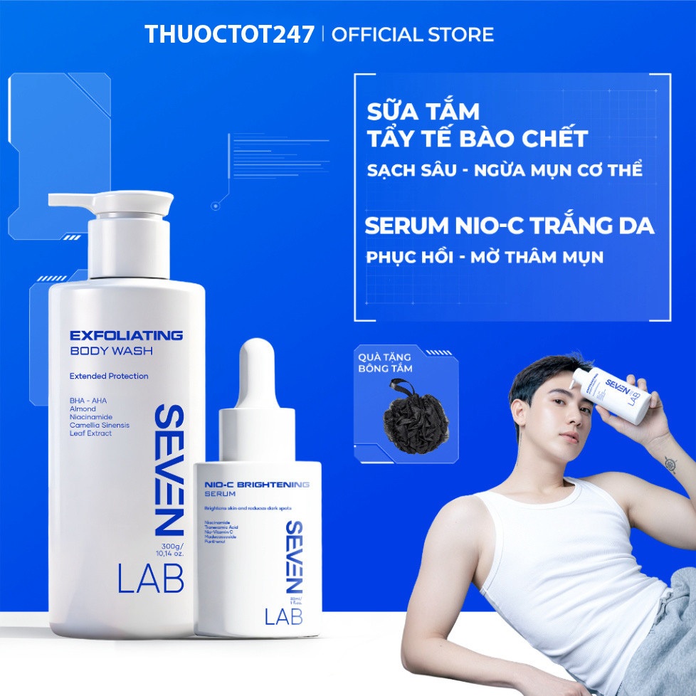 Combo sữa tắm & serum dưỡng trắng da nam SEVENLAB giúp ngăn ngừa mụn lưng, cơ thể, mờ thâm, đều màu