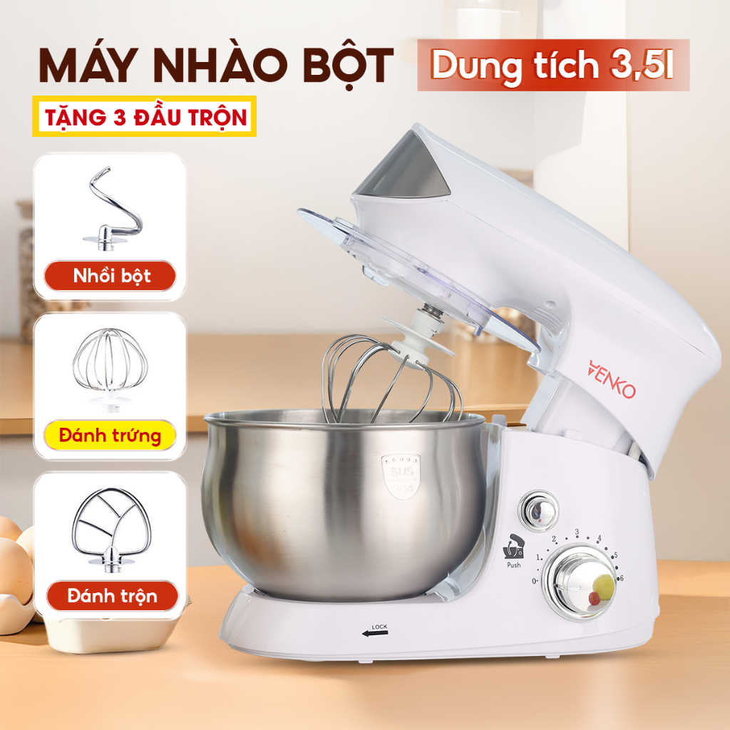 [TẶNG 3 ĐẦU TRỘN] Máy Nhào Bột - Trộn Thịt - Đánh Trứng Venko Cỡ Lớn Đa Năng 3.5 Lít - 6 Tốc Độ
