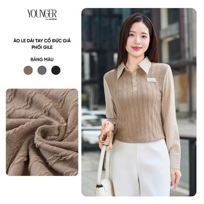Áo len nữ YOUNGER BY CARDINA chất liệu len vặn thừng dài tay cổ đức giả phối gile 5YASD25
