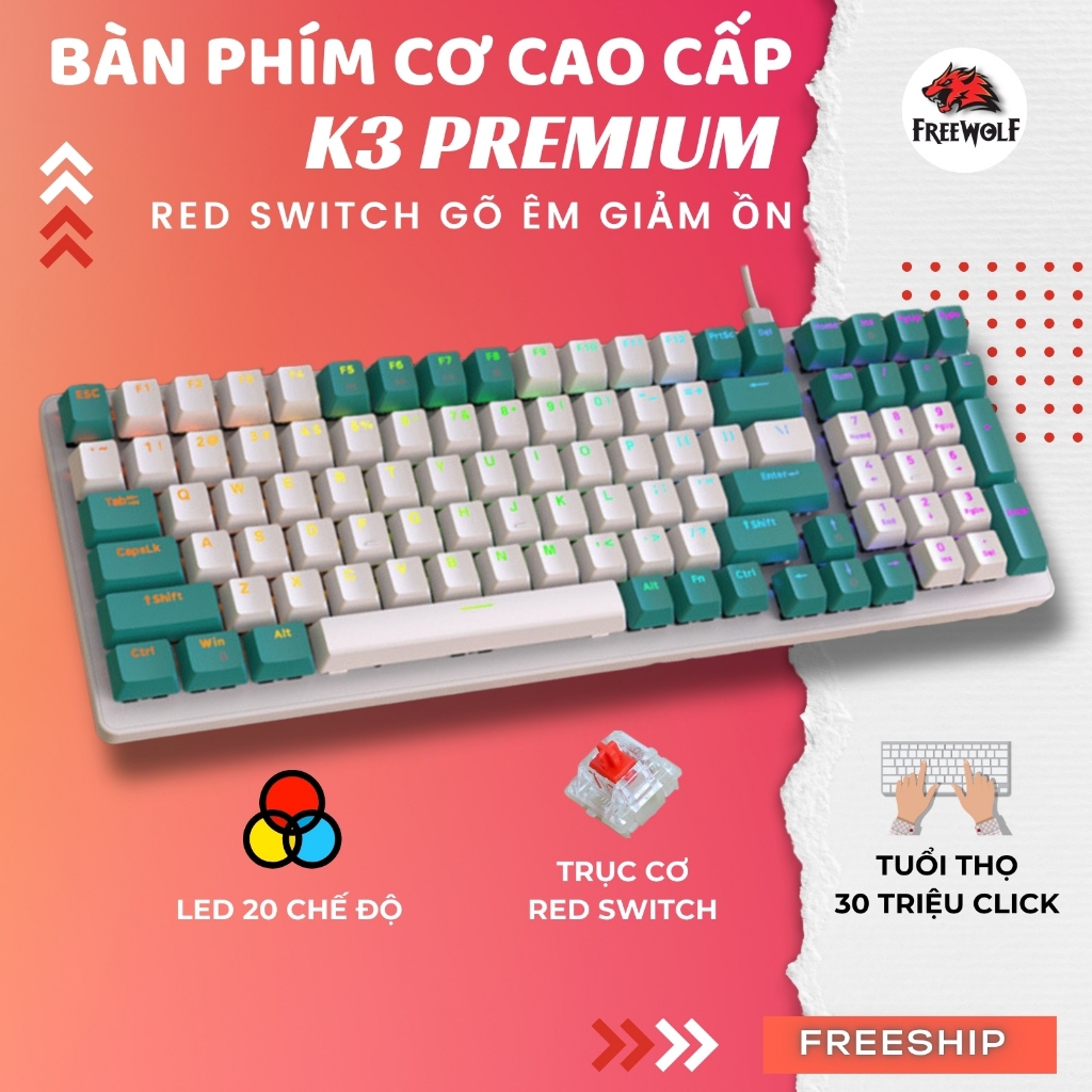Bàn Phím Cơ Gaming Có Dây Free Wolf K3 - LED Rainbow Trục Cơ RED Switch Gõ Êm Cho Pc Laptop Máy Tính