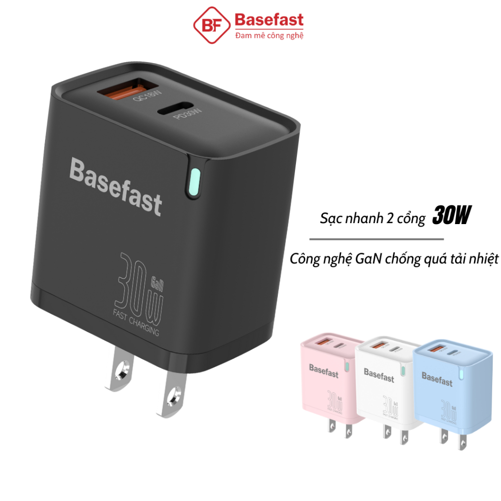 Củ sạc nhanh 30W 2 cổng Basefast cục sạc nhanh chống quá tải nhiệt siêu bền cho iP samsung Xiaomi...