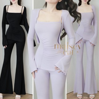   MAISEY 3026  Set đồ nữ 3 món thun co giãn 4 chiều: áo 2 dây + quần ống loe 2 lớp + áo khoác tay dài 