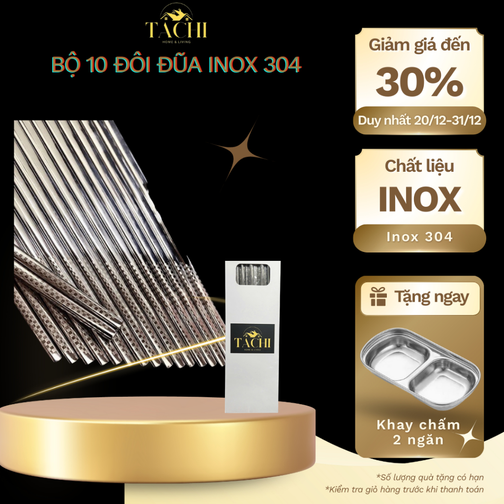 Đũa inox 304 cao cấp TaChi Store Set 10 đôi có vân chống trơn trượt, chống ẩm mốc, chống cong vênh dễ dàng vệ sinh