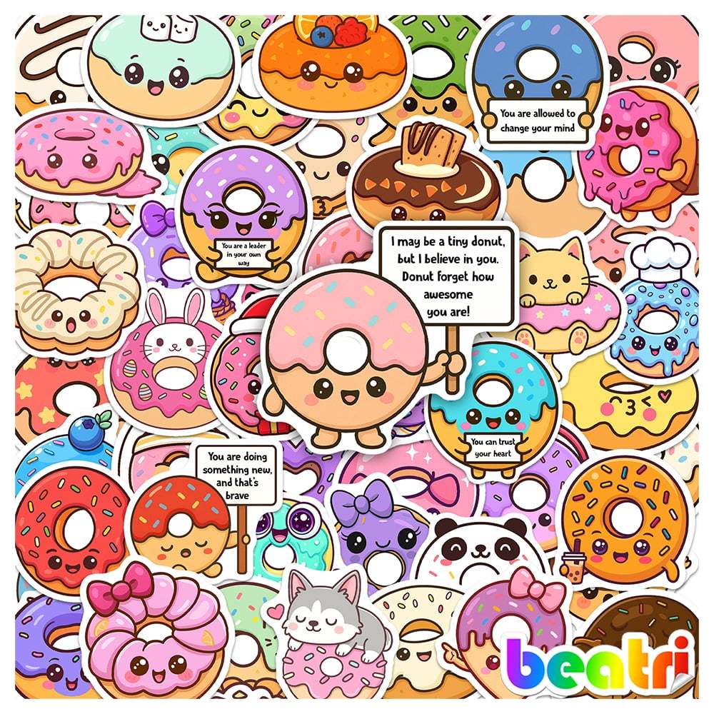 Bộ 50 Sticker Donut Dễ Thương Chống Nước, Nhãn Dán Bánh Vòng Trang Trí Mũ Bảo Hiểm Bình Nước Sách Vở